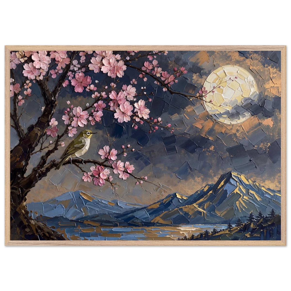 Blossom Moon: cherry blossom, japanese landscape and night. Framed fine art print by The Light Stays.
