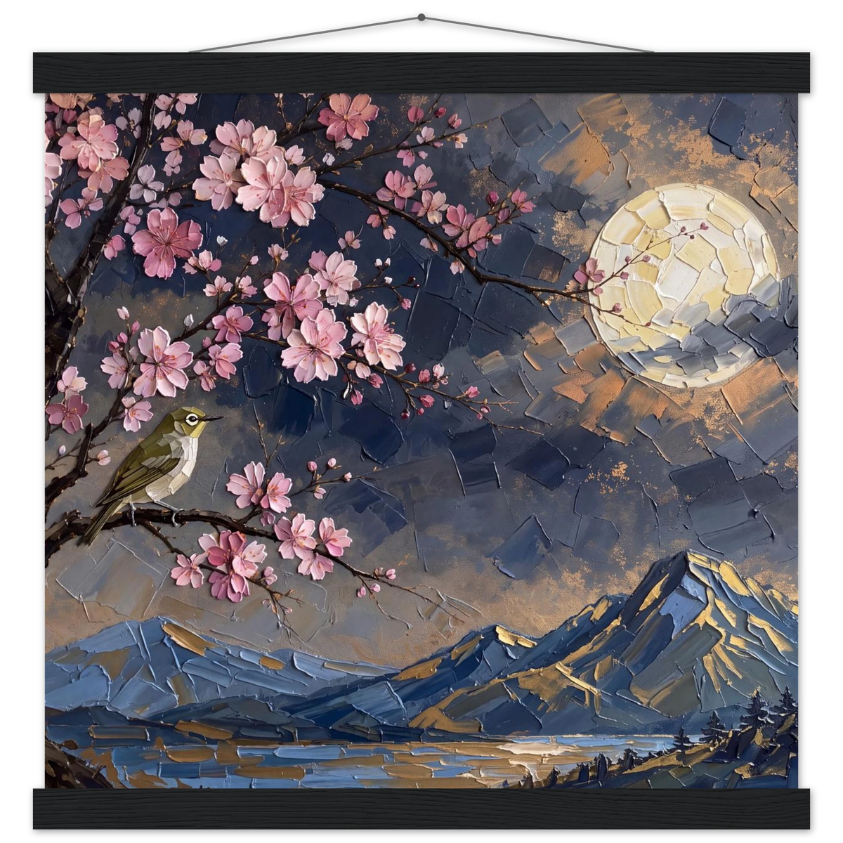 Blossom Moon: cherry blossom, japanese landscape and night. Fine art poster with wooden hanger by The Light Stays.