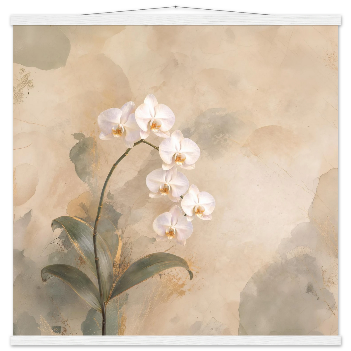 Orchid Luminance: botanical, pale gold and floral art. Fine art poster with wooden hanger by The Light Stays.