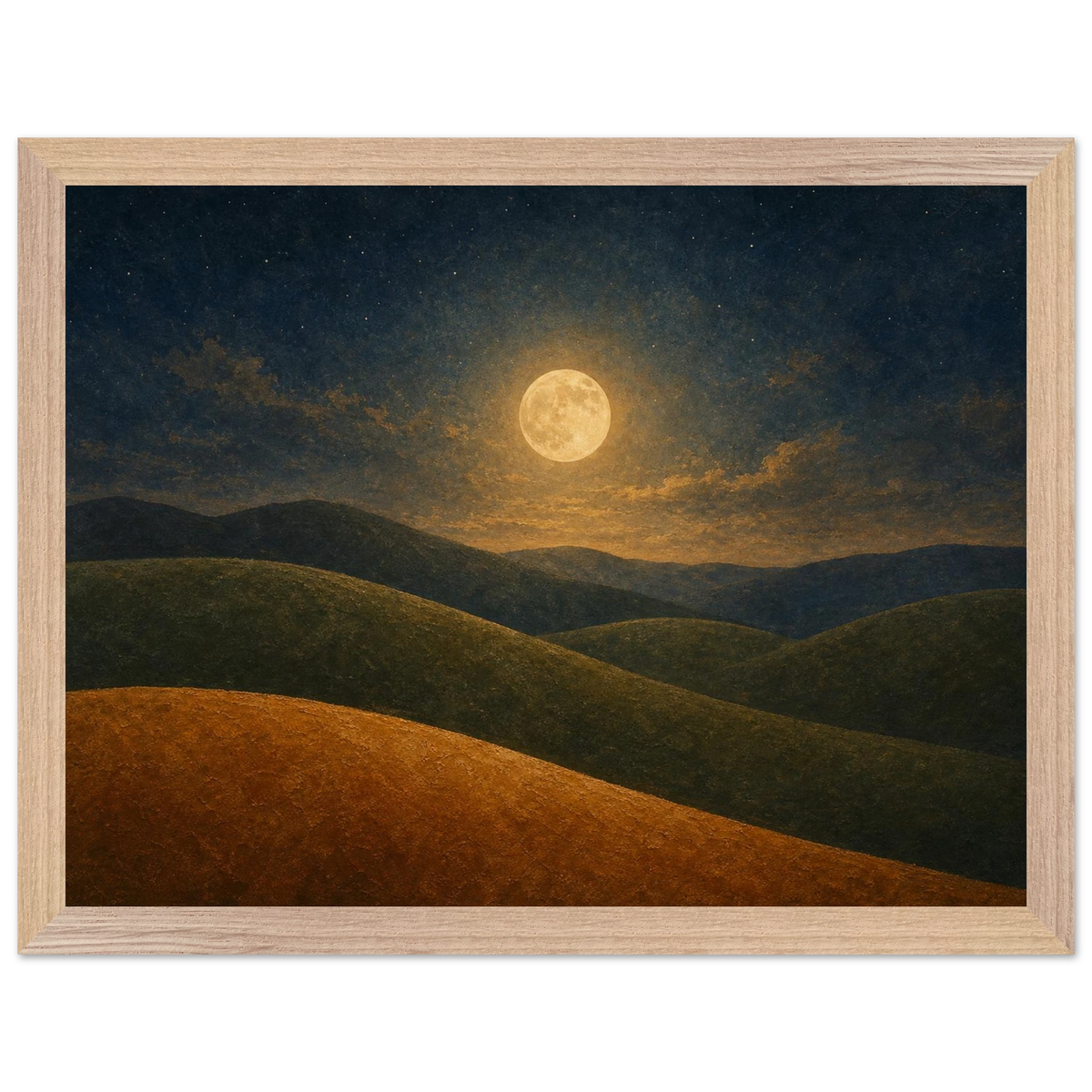 Moon Hills: night, minimalist landscape and charcoal. Framed fine art print by The Light Stays.