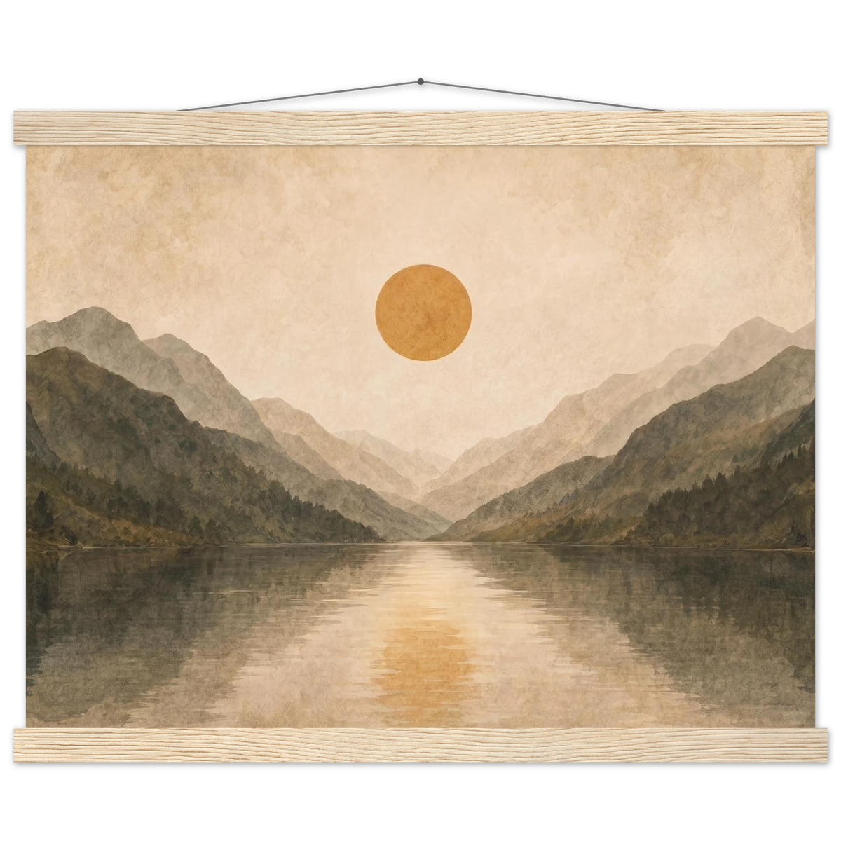 Lake Mirror: mountains, sunset and sun reflection. Fine art poster with wooden hanger by The Light Stays.