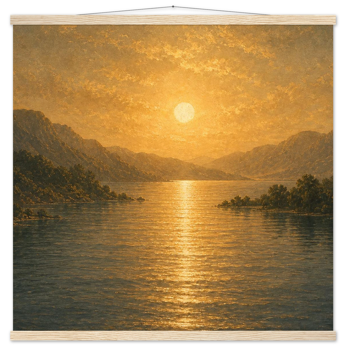 Golden Reflection: lake, sunset and mountains. Fine art poster with wooden hanger by The Light Stays.