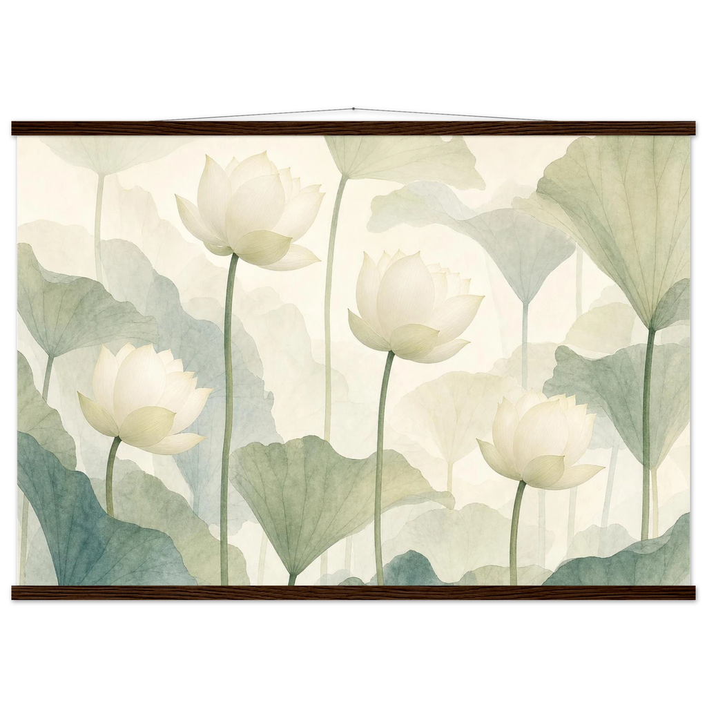 Ivory Lotus Screen, flowers and botanical. Archival fine art poster shown framed.