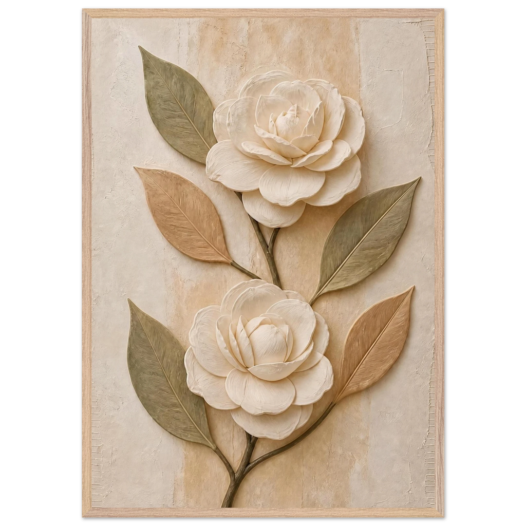 Carved Camellia: flowers and botanical. Framed fine art print, alternate frame and size.