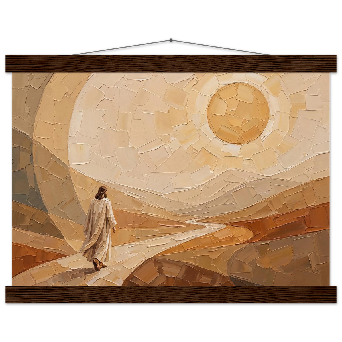 Lightfall: jesus, landscape and golden tones. Fine art poster with wooden hanger by The Light Stays.
