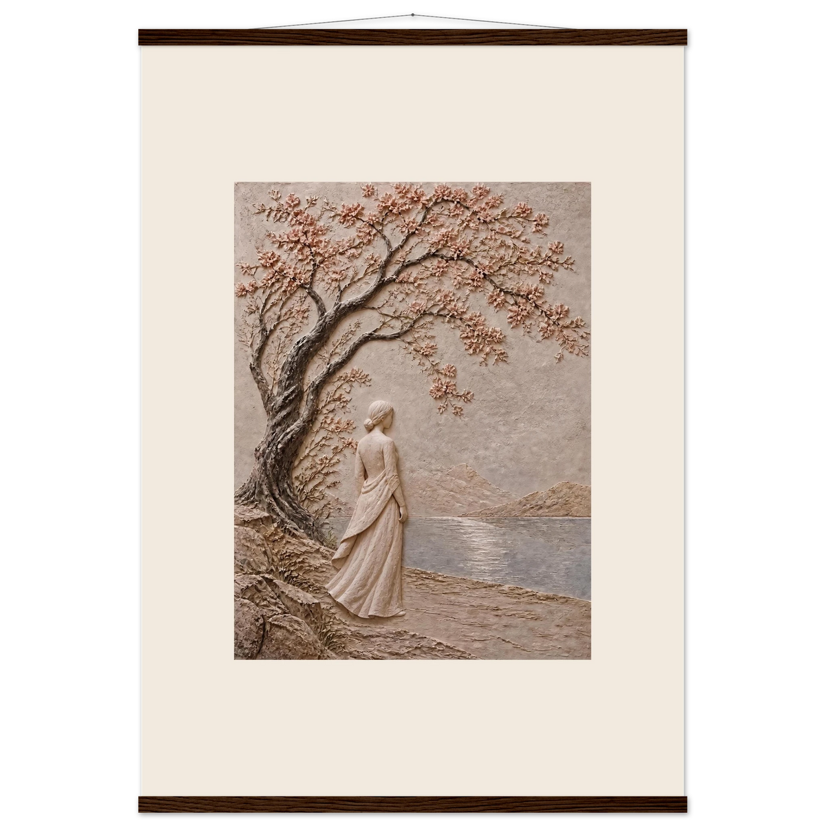 Spring Walk: impasto, lake and blossoming tree. Museum-quality fine art poster.