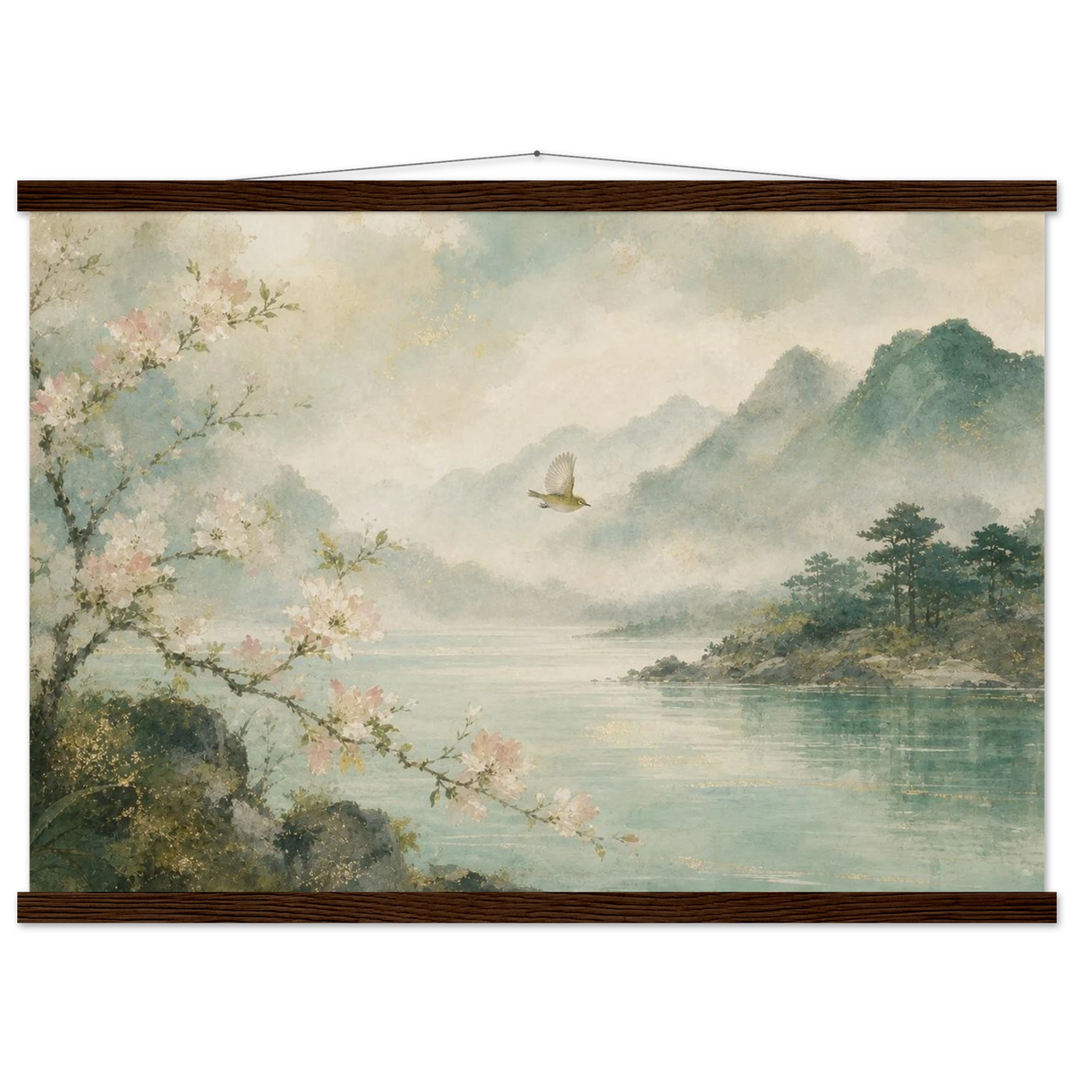 Celadon Flight: birds, japanese landscape and japandi. Fine art poster with wooden hanger by The Light Stays.