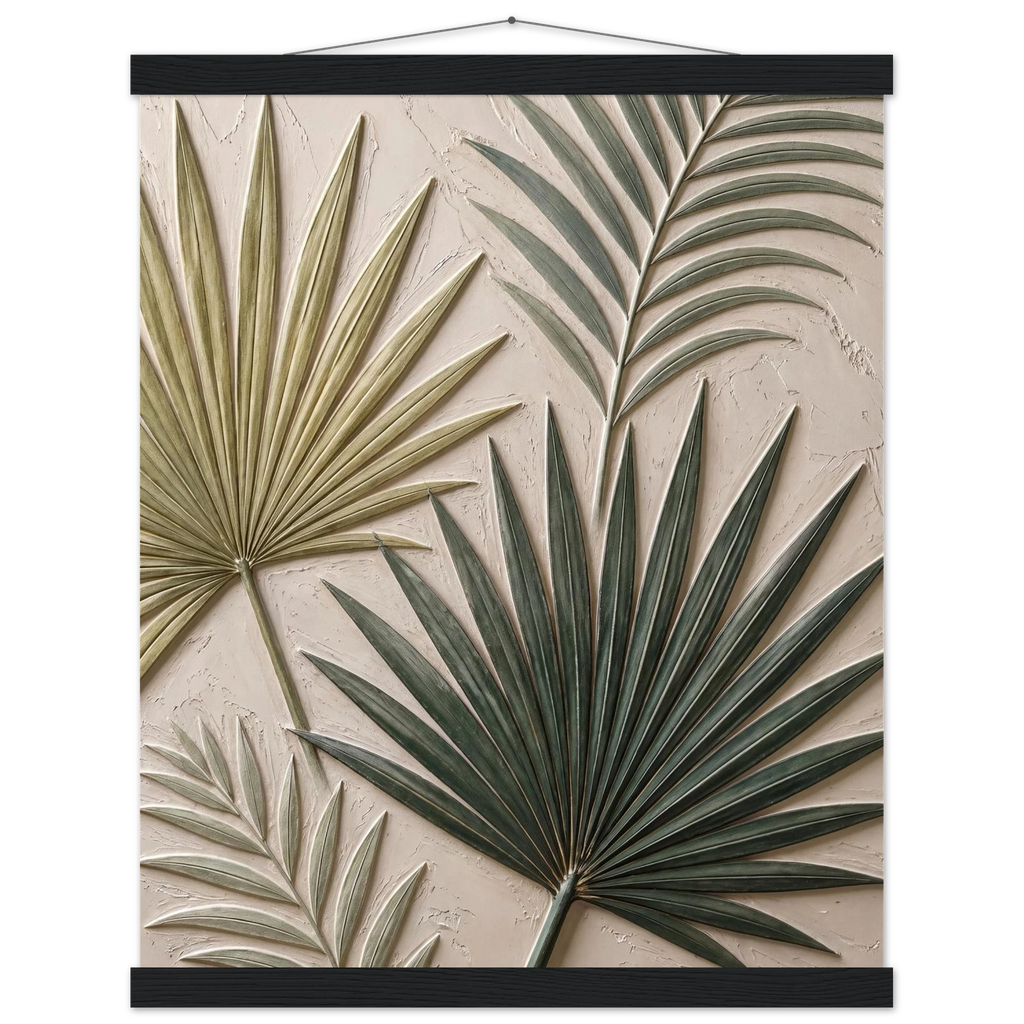 Carved Fronds: impasto, leaves and sand tones. Fine art poster, alternate frame and size.