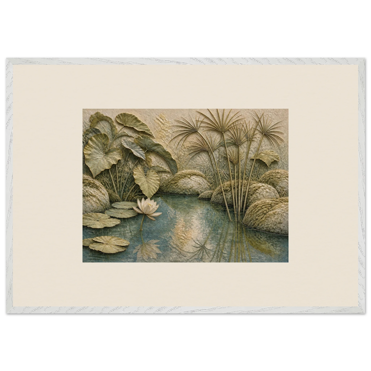 Papyrus Pond, lake, papyrus and serene greens. Archival framed fine art print shown framed.