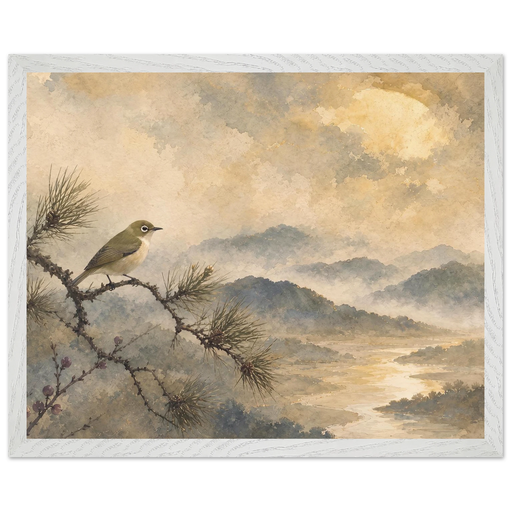 Golden Moon Bird, japanese art and japandi. Archival framed fine art print shown framed.
