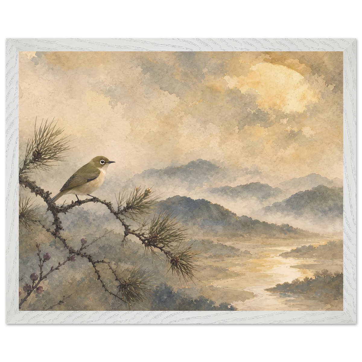 Golden Moon Bird, japanese art and japandi. Archival framed fine art print shown framed.