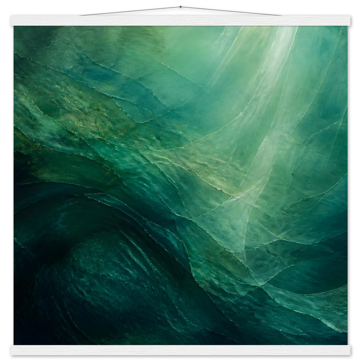 Jade Undertow: ocean, marine abstract and mineral green. Fine art poster with wooden hanger by The Light Stays.