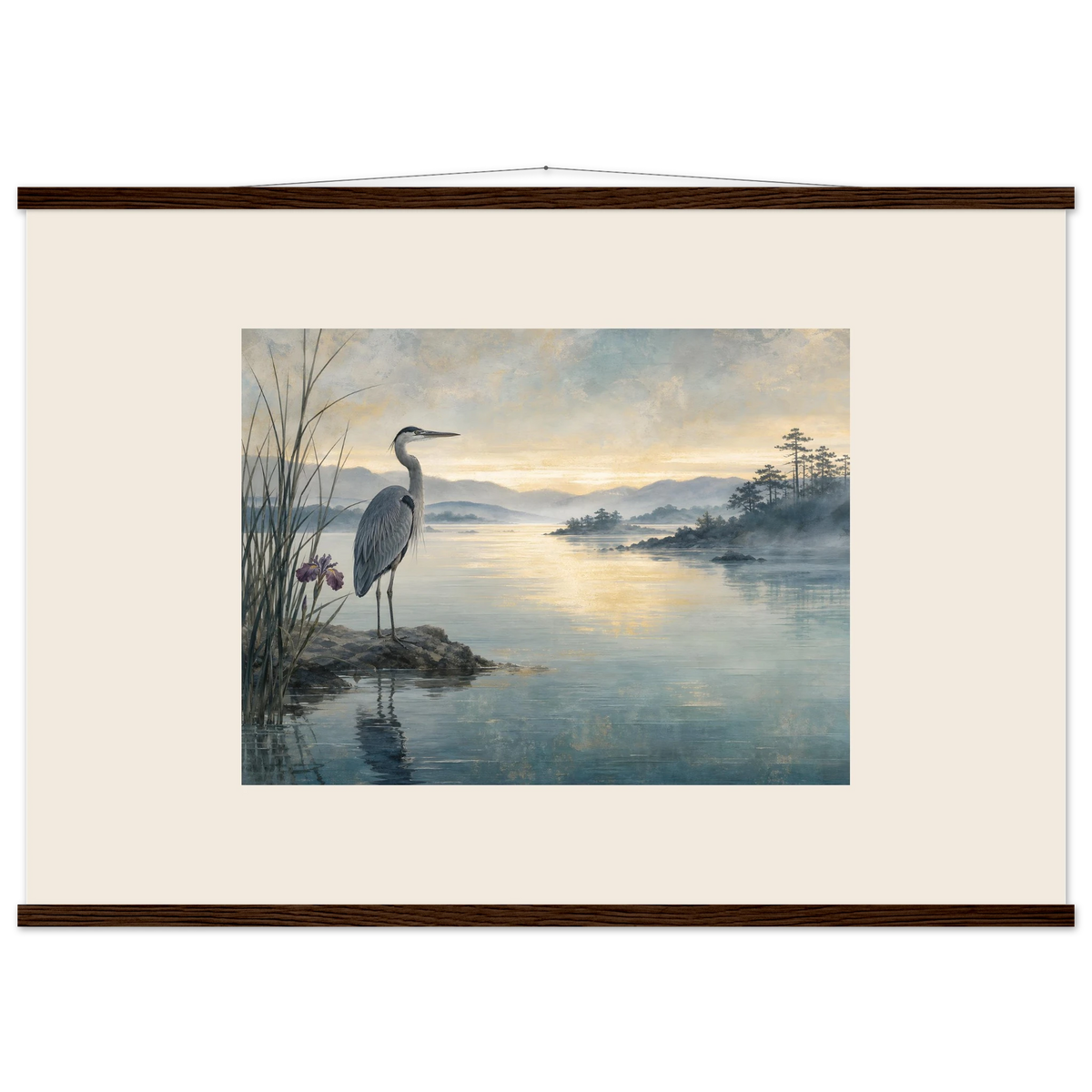 Heron at Dawn: japanese art and japandi. Fine art poster by The Light Stays.