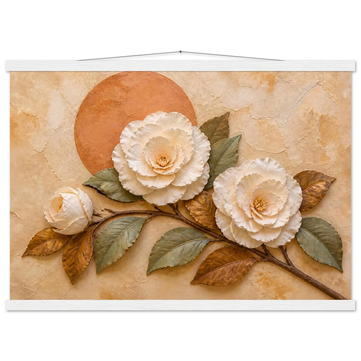 Camellia Eclipse, flowers and botanical. Archival fine art poster shown framed.