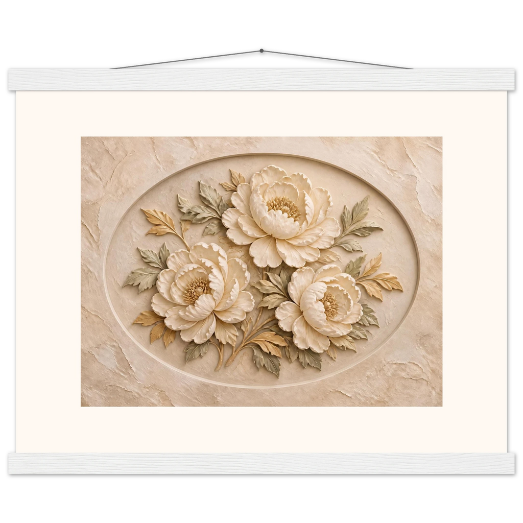 Peonies in Stone: flowers and botanical. Museum-quality fine art poster.