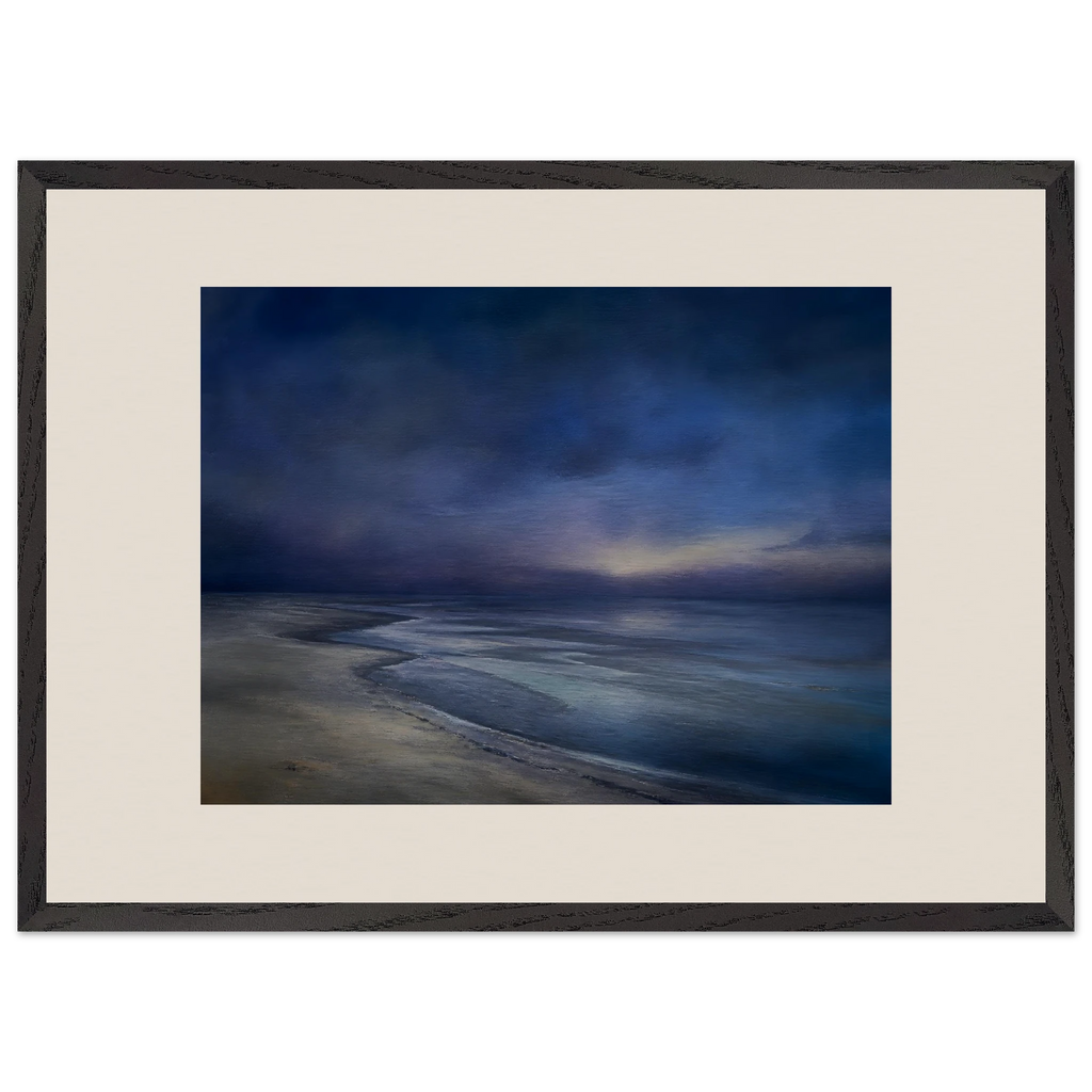 Blue Hour Shore: sea and coastal landscape. Framed fine art print, alternate frame and size.
