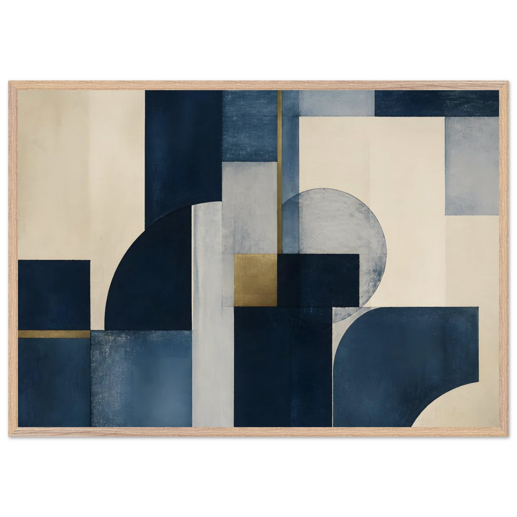 Blue Architecture: geometric abstract, blue and cream. Museum-quality framed fine art print.