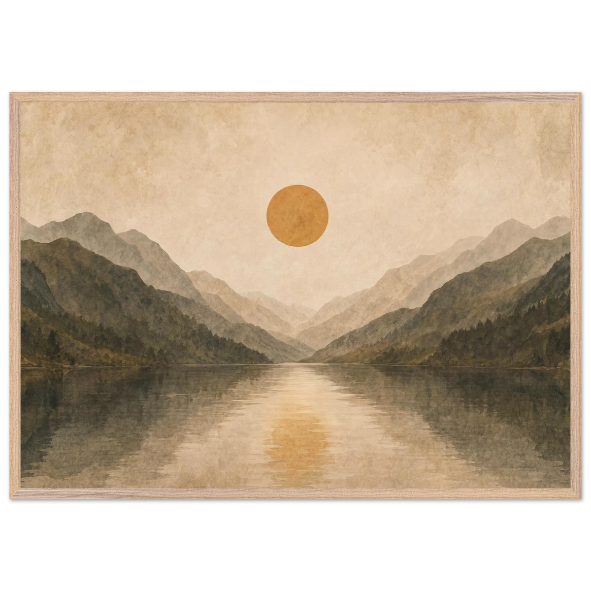 Lake Mirror: mountains, sunset and sun reflection. Framed fine art print by The Light Stays.