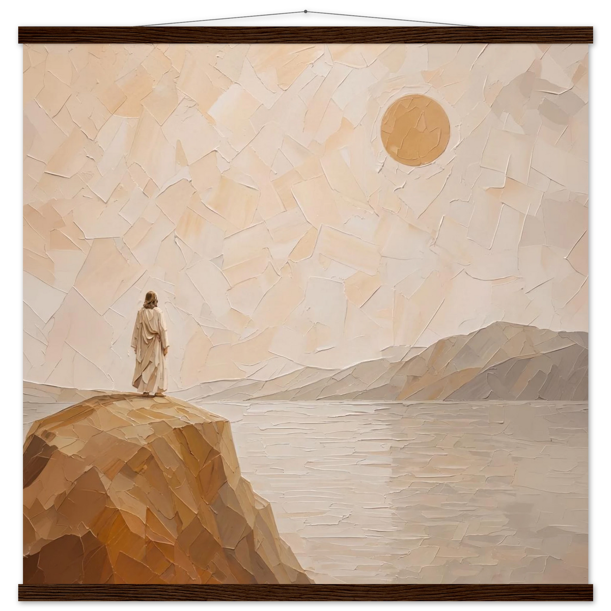 Salt Shore: jesus, cliff and sea. Fine art poster with wooden hanger by The Light Stays.