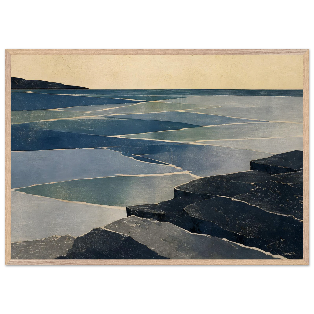 Indigo Tide: coastal landscape, jade water and japandi. Framed fine art print by The Light Stays.