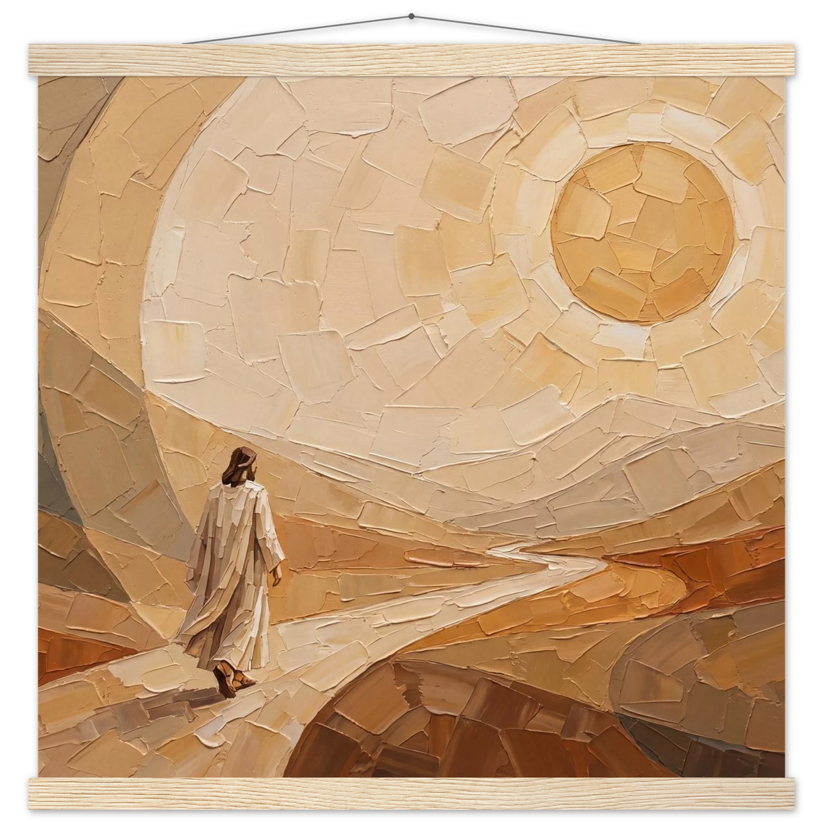 Lightfall: jesus, landscape and golden tones. Fine art poster with wooden hanger by The Light Stays.