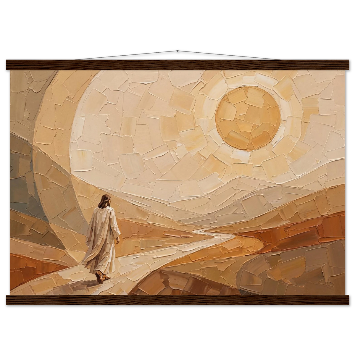 Lightfall: jesus, landscape and golden tones. Fine art poster with wooden hanger by The Light Stays.