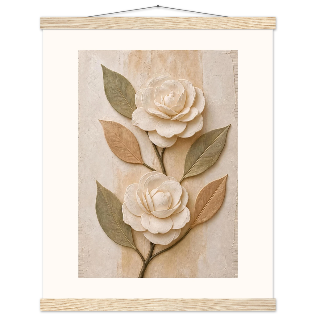 Carved Camellia, flowers and botanical. Archival fine art poster shown framed.
