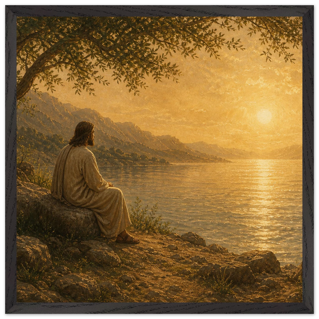 Quadro cristão Bênção do Lago, Jesus sob uma oliveira diante de um lago dourado