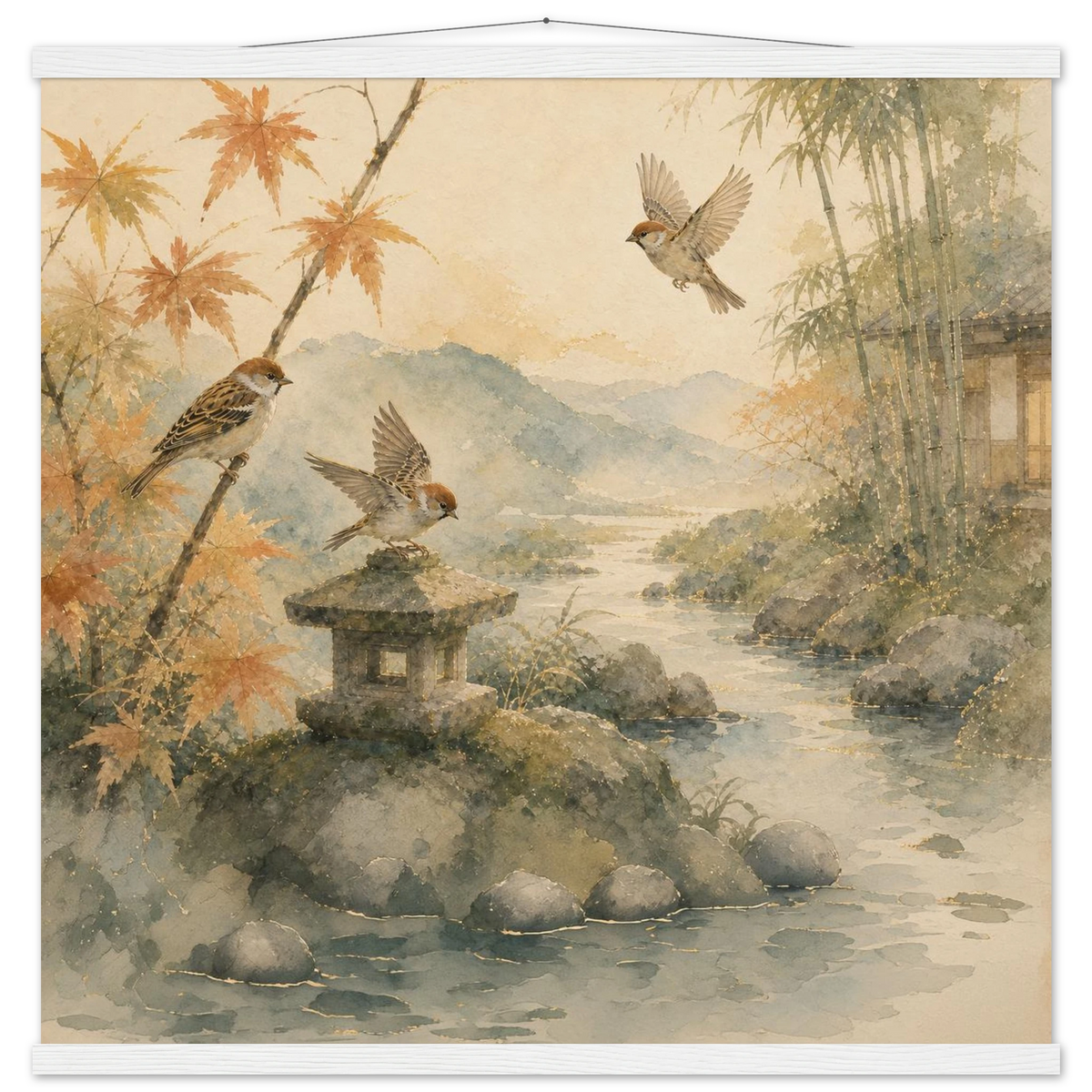 Three Birds Morning: birds, japanese landscape and japandi. Fine art poster with wooden hanger by The Light Stays.