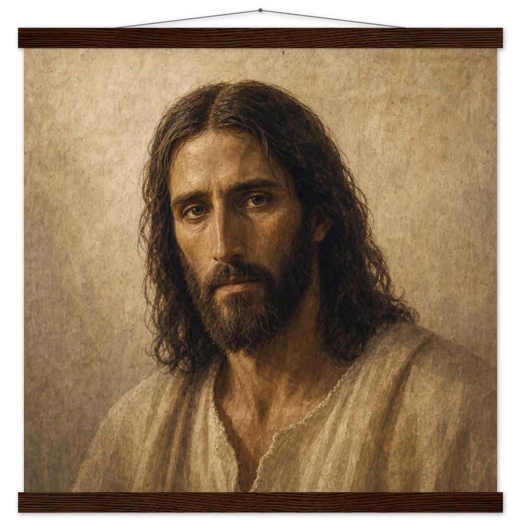 Pôster Kind Eyes com suporte de madeira, retrato sereno de Jesus em luz quente
