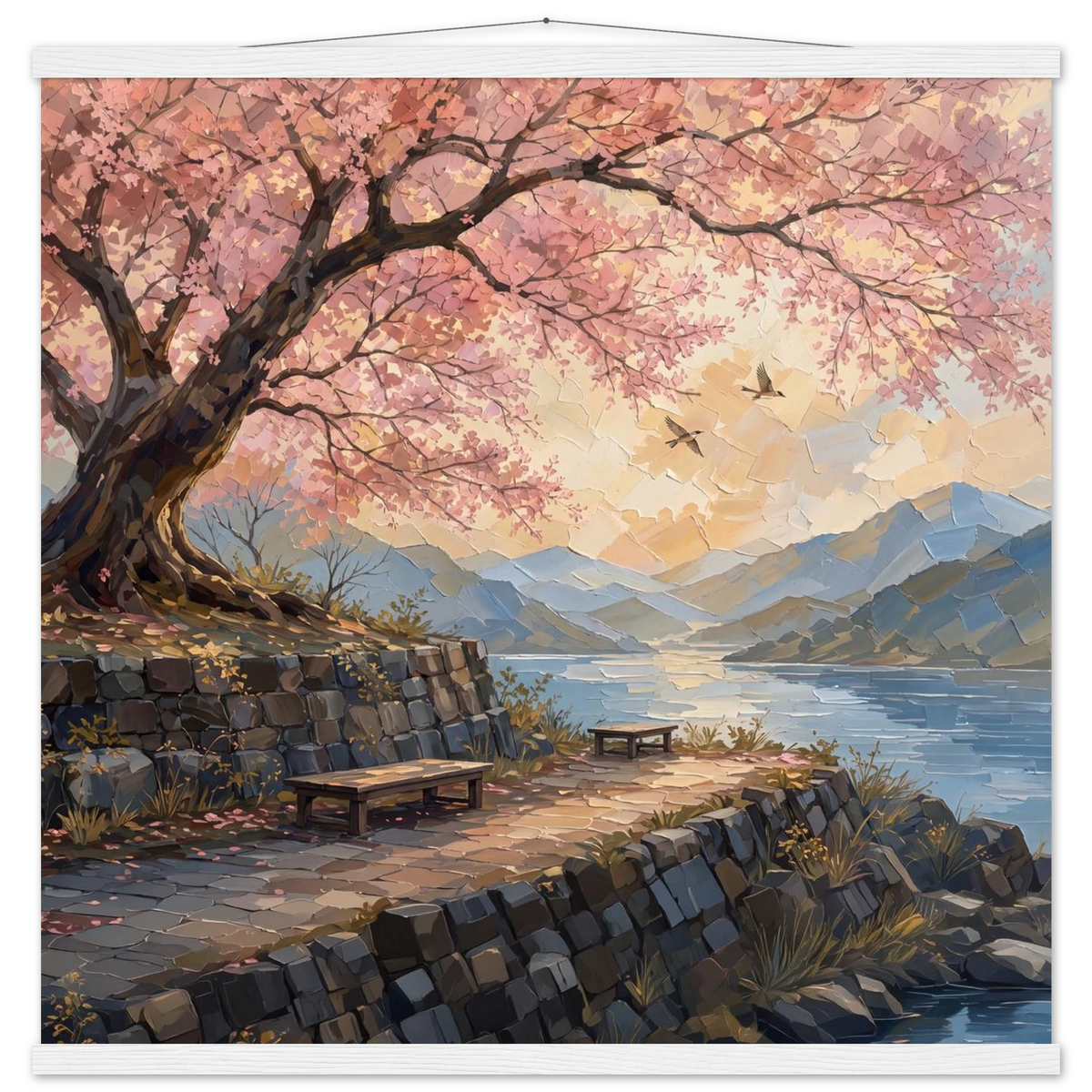 Cherry Blossom Lake: japanese art, sunset and japandi. Fine art poster with wooden hanger by The Light Stays.