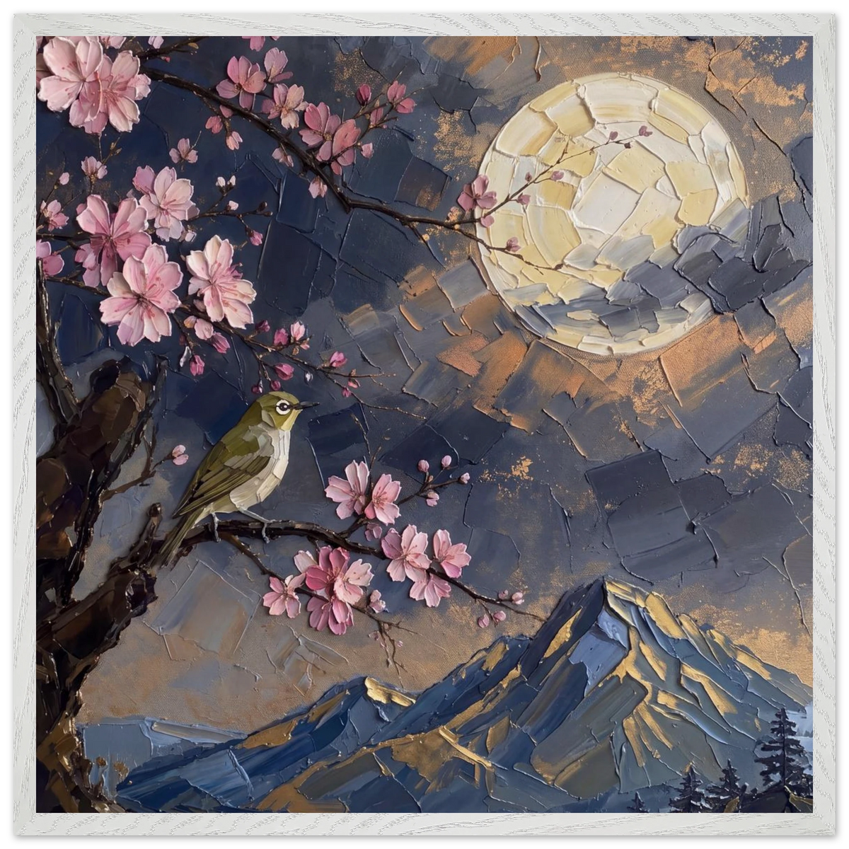 Blossom Moon: cherry blossom, japanese landscape and night. Framed fine art print by The Light Stays.