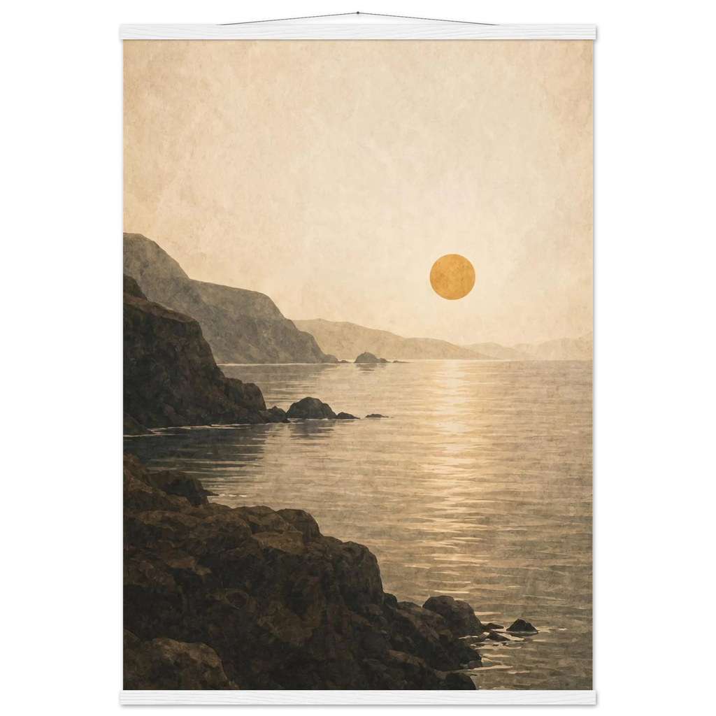 Pôster Amber Coast com suporte de madeira, pôr do sol em tons quentes sobre a costa