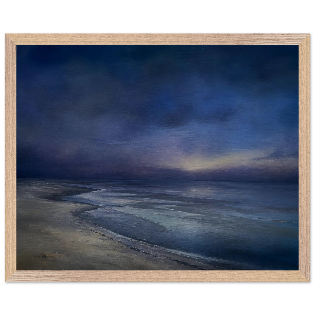 Blue Hour Shore: sea and coastal landscape. Framed fine art print, alternate frame and size.