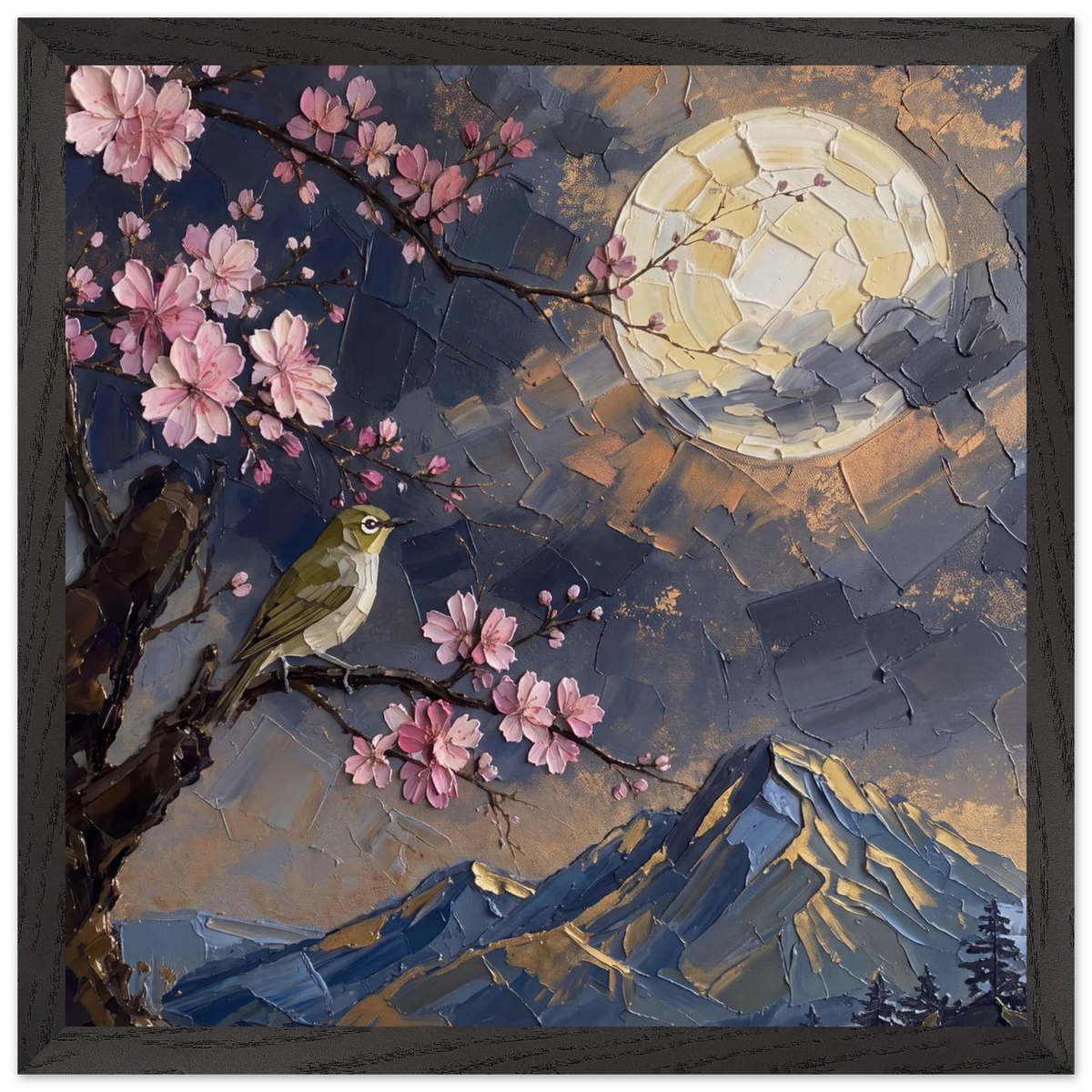 Blossom Moon: cherry blossom, japanese landscape and night. Framed fine art print by The Light Stays.