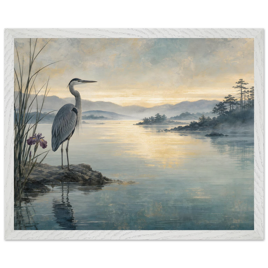 Heron at Dawn: japanese art and japandi. Framed fine art print by The Light Stays.