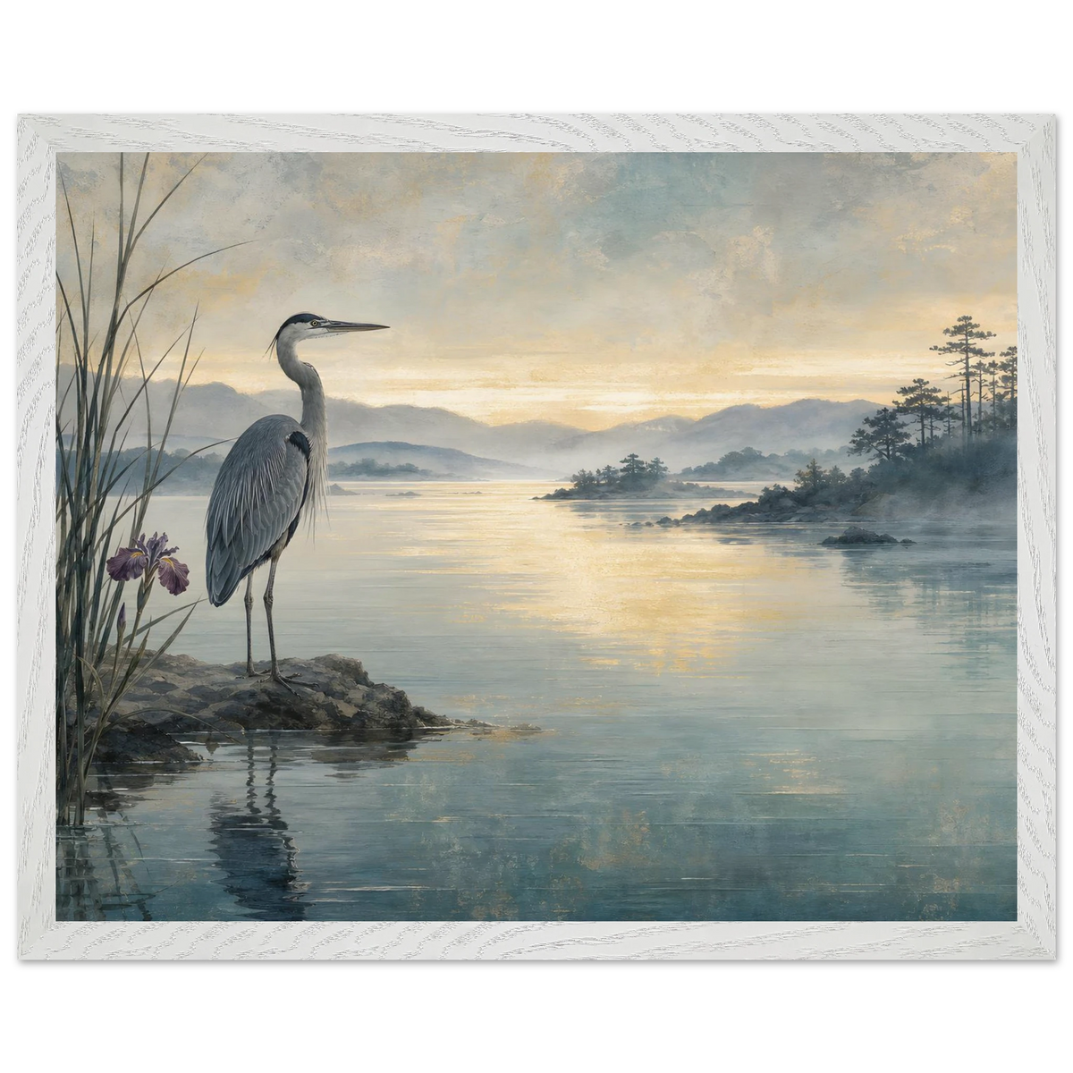 Heron at Dawn: japanese art and japandi. Framed fine art print by The Light Stays.