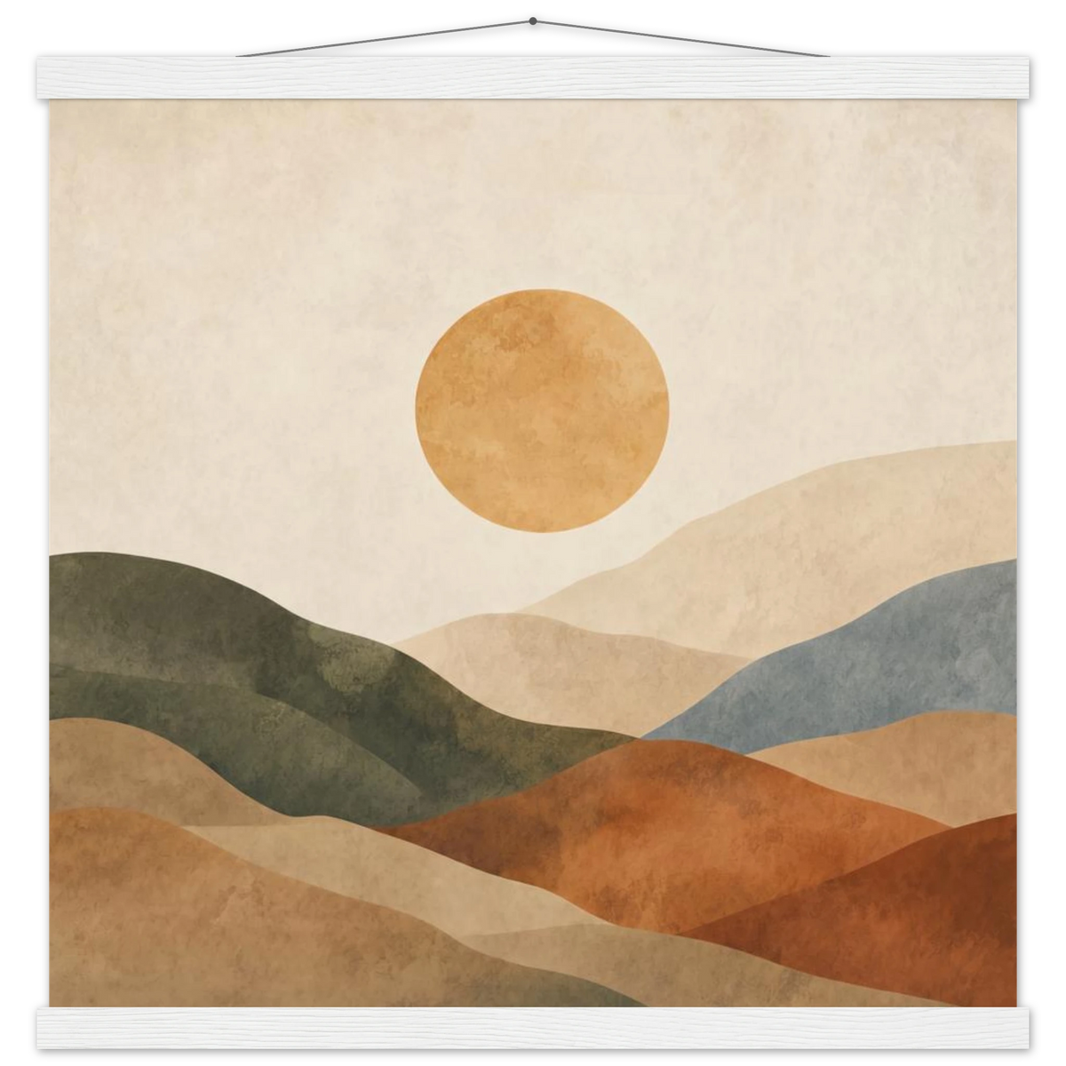 Kindled Earth: sun, hills and ochre palette. Fine art poster with wooden hanger by The Light Stays.