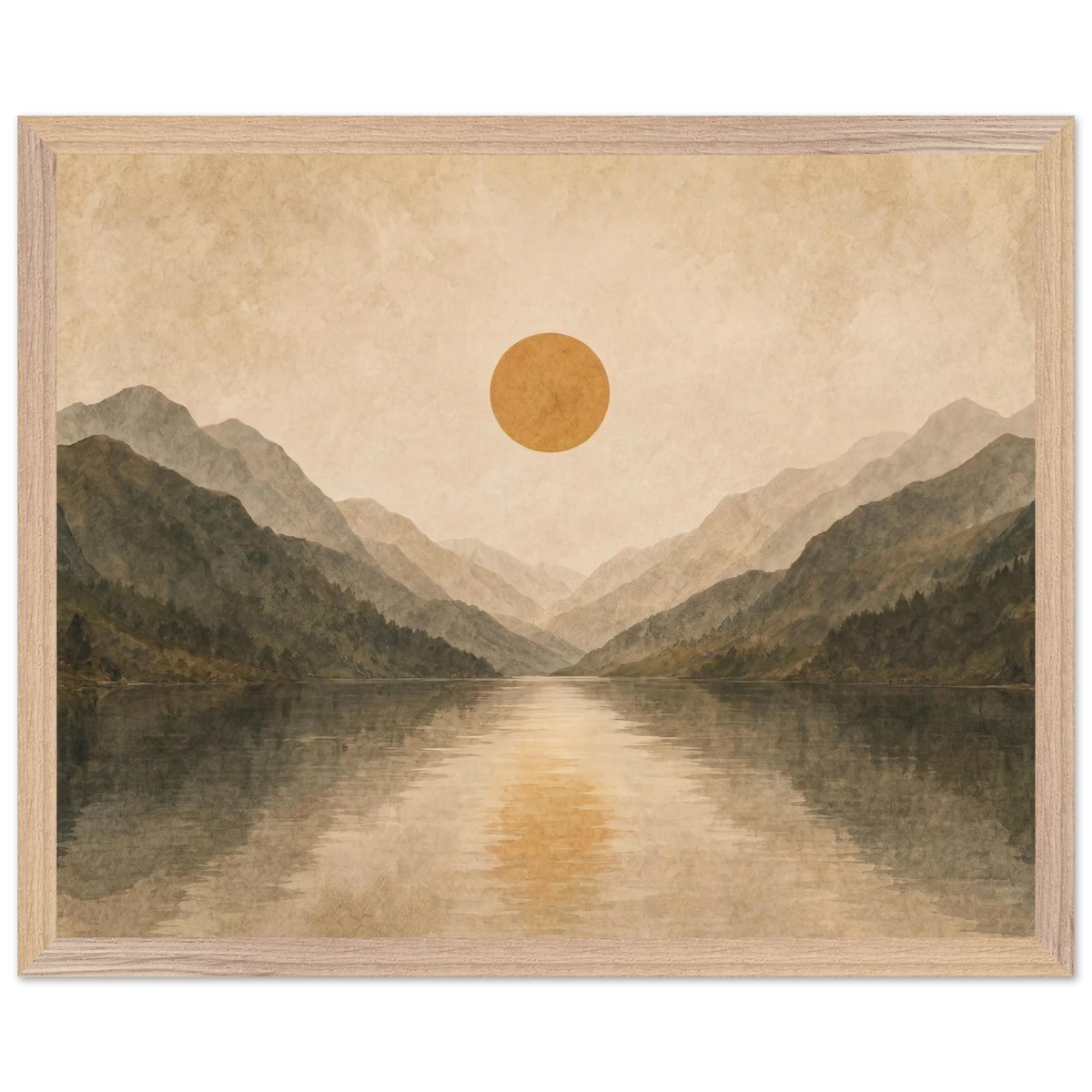 Lake Mirror: mountains, sunset and sun reflection. Framed fine art print by The Light Stays.