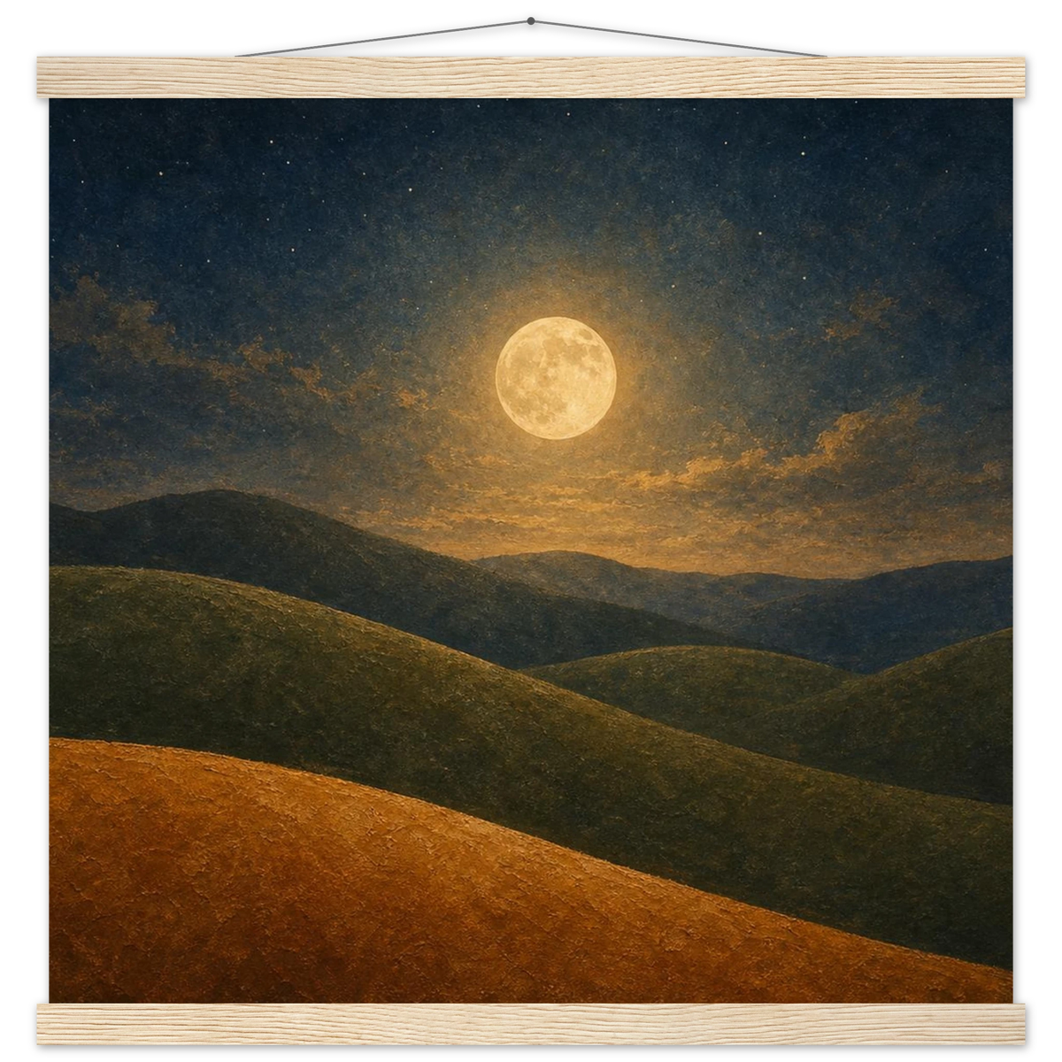 Moon Hills: night, minimalist landscape and charcoal. Fine art poster with wooden hanger by The Light Stays.