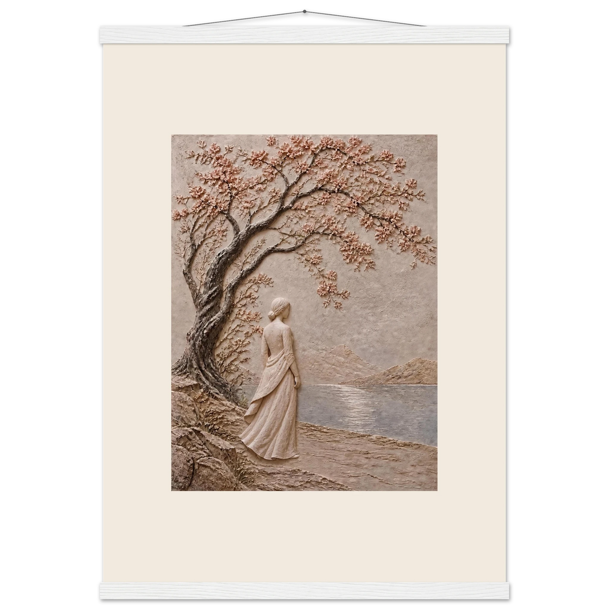 Spring Walk, impasto, lake and blossoming tree. Archival fine art poster shown framed.