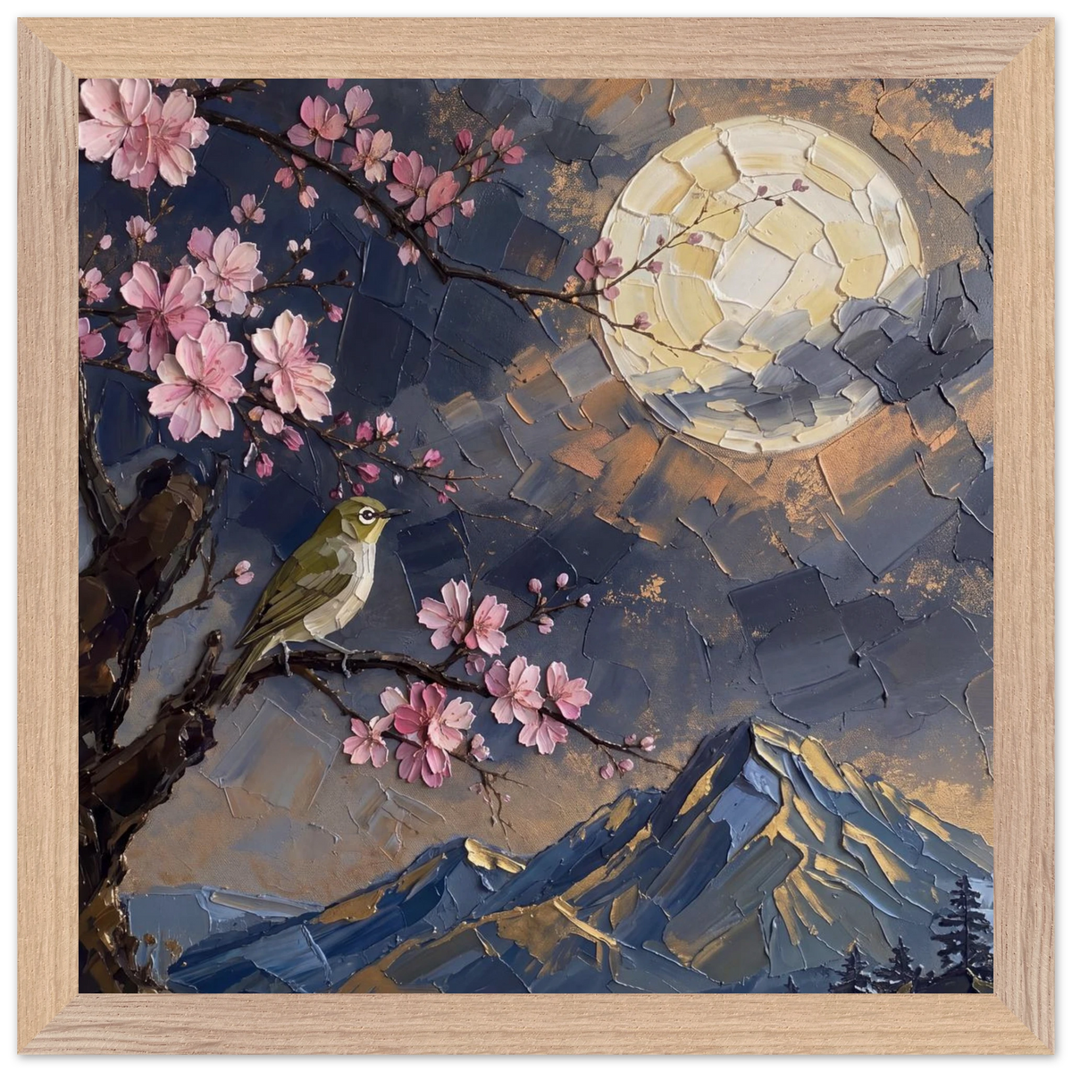 Blossom Moon: cherry blossom, japanese landscape and night. Framed fine art print by The Light Stays.