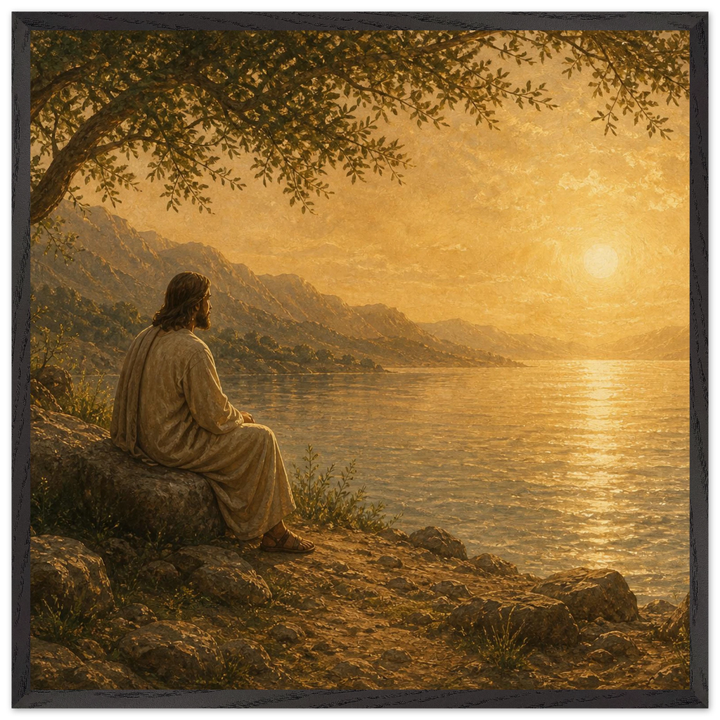 Quadro cristão Bênção do Lago, Jesus sob uma oliveira diante de um lago dourado