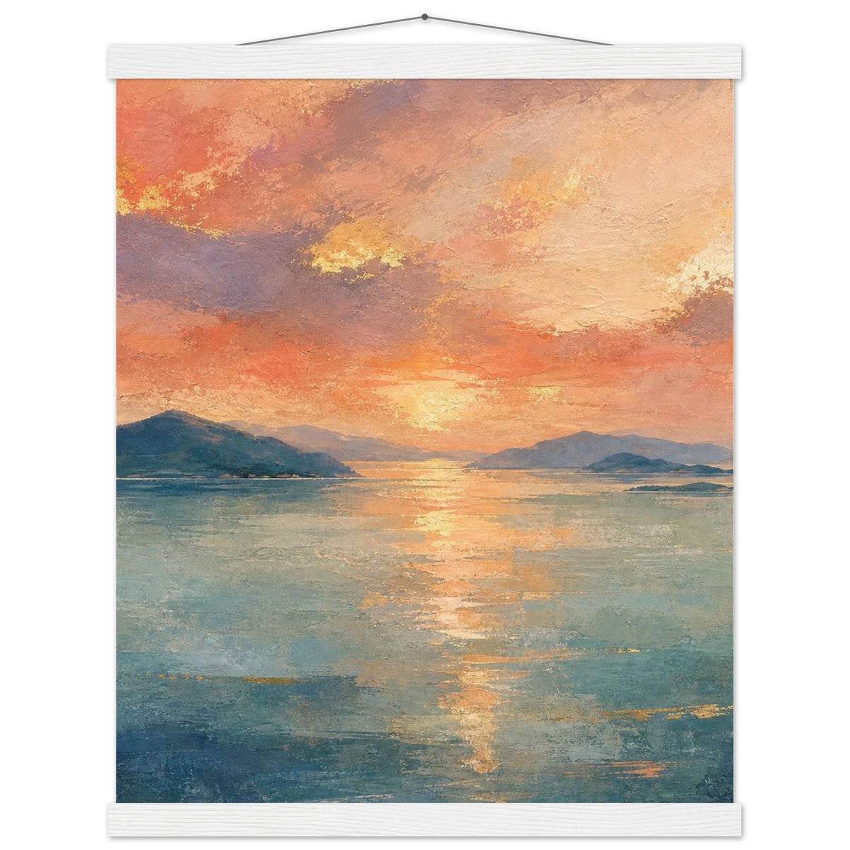 Setouchi Peach Dawn: inland sea, islands and golden reflection. Fine art poster with wooden hanger by The Light Stays.