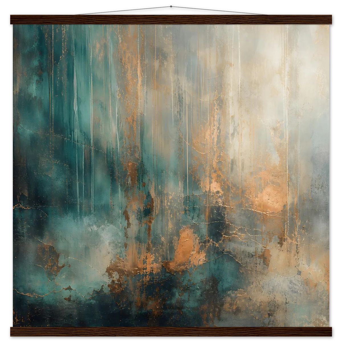 Copper Rain: abstract, texture and metallic tones. Fine art poster with wooden hanger by The Light Stays.