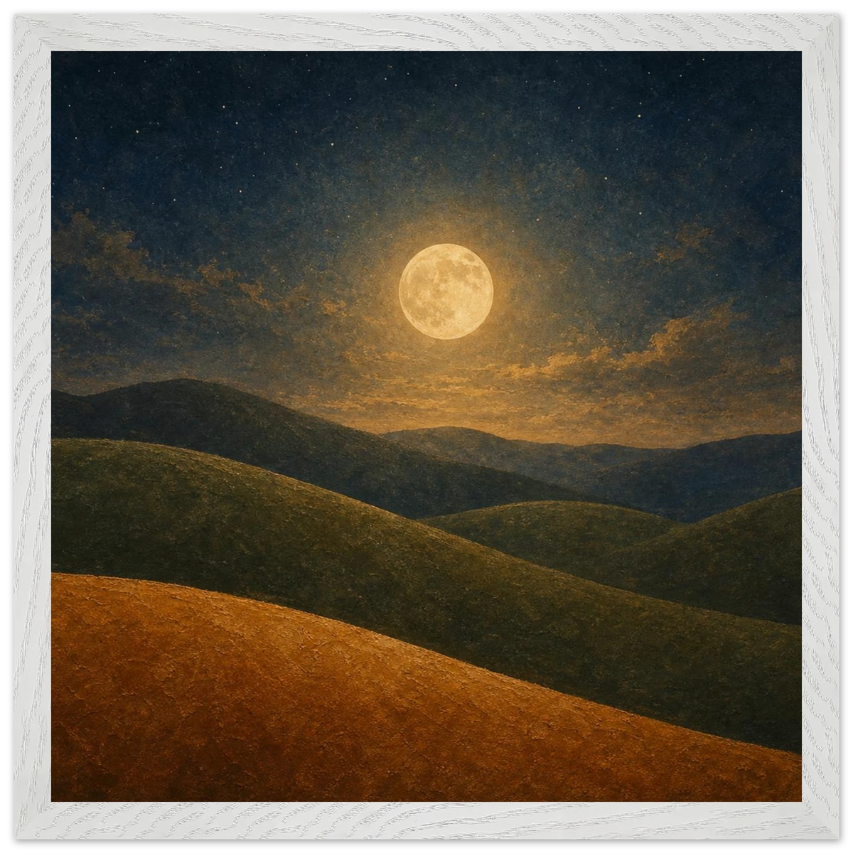 Moon Hills: night, minimalist landscape and charcoal. Framed fine art print by The Light Stays.