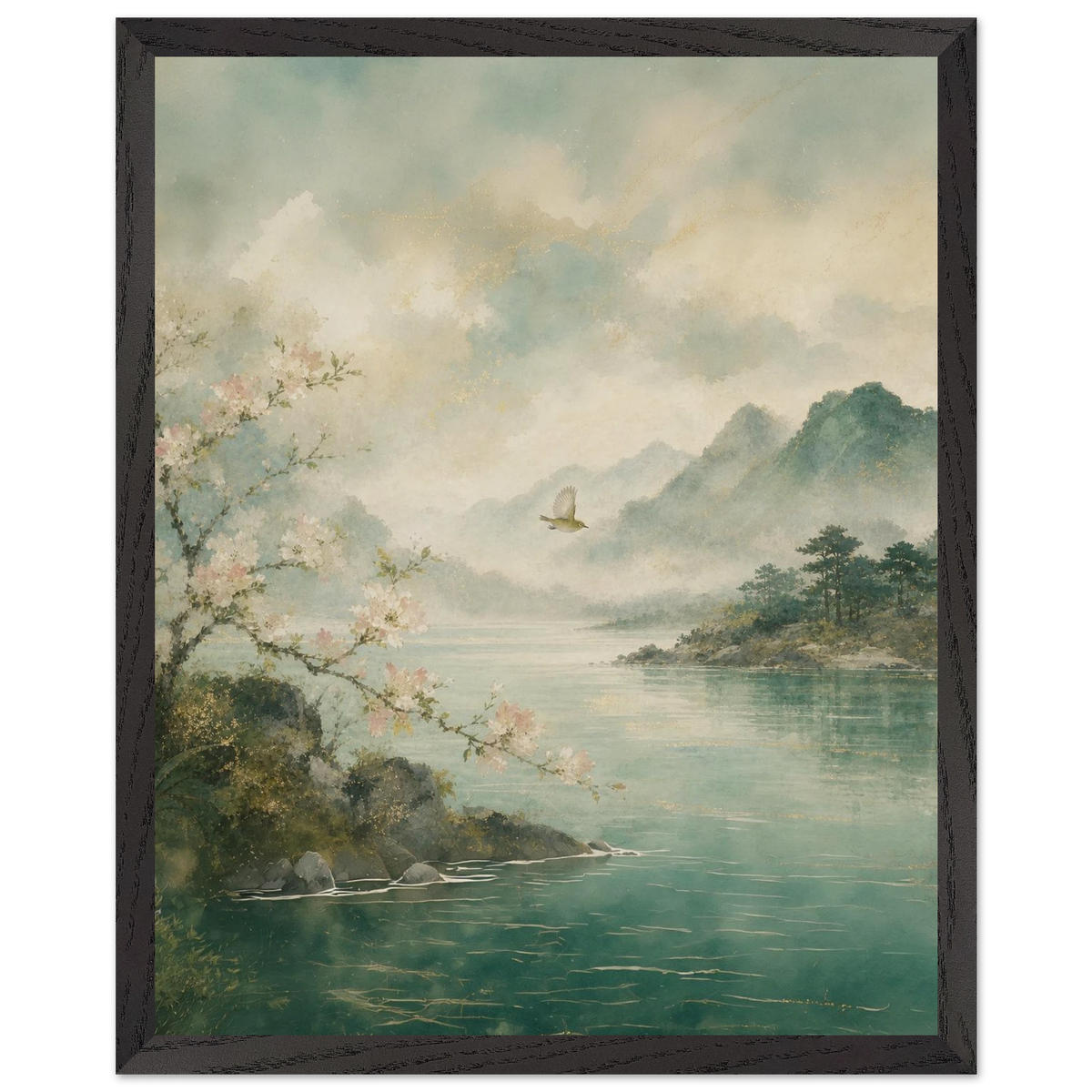 Celadon Flight: birds, japanese landscape and japandi. Framed fine art print by The Light Stays.