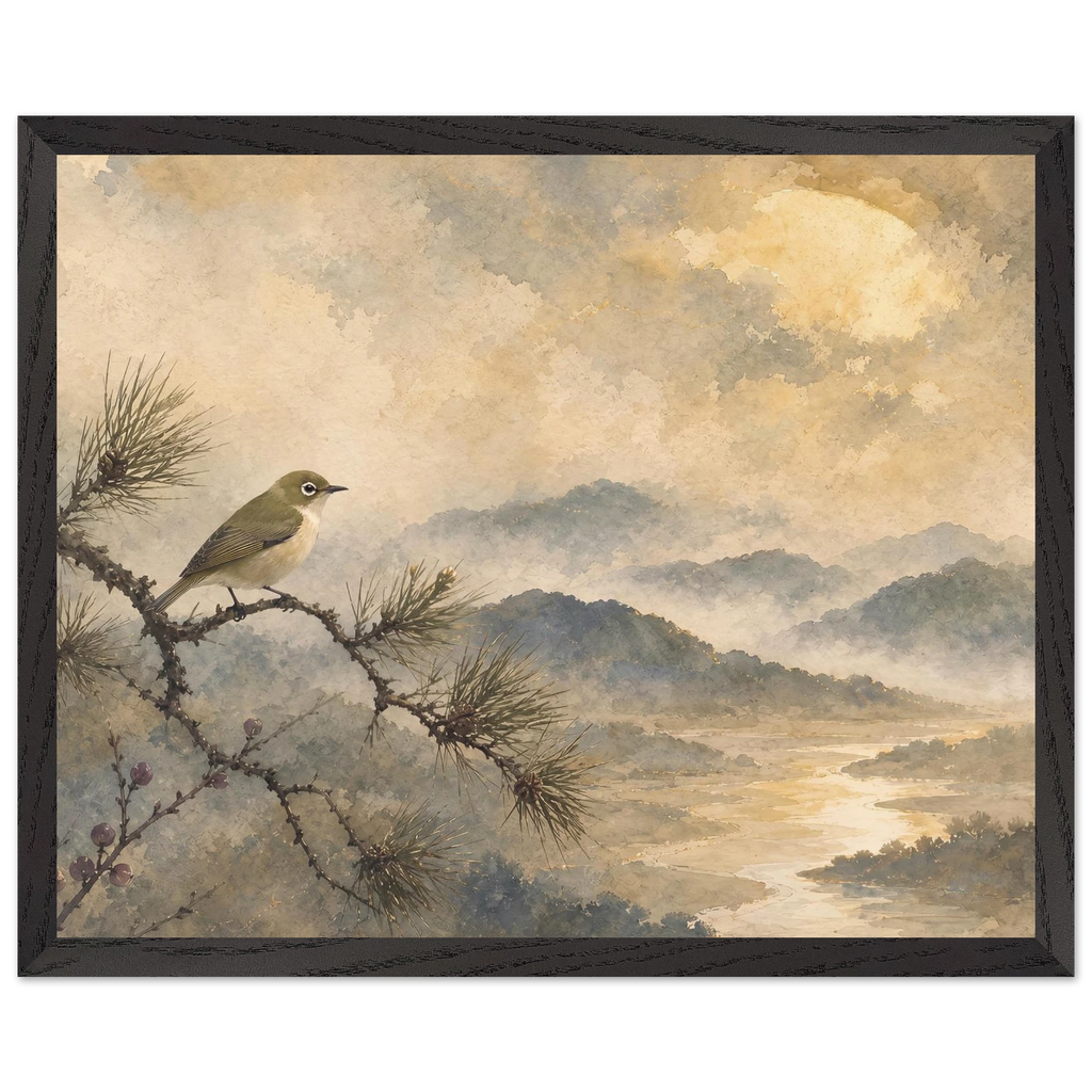Golden Moon Bird: japanese art and japandi. Framed fine art print by The Light Stays.