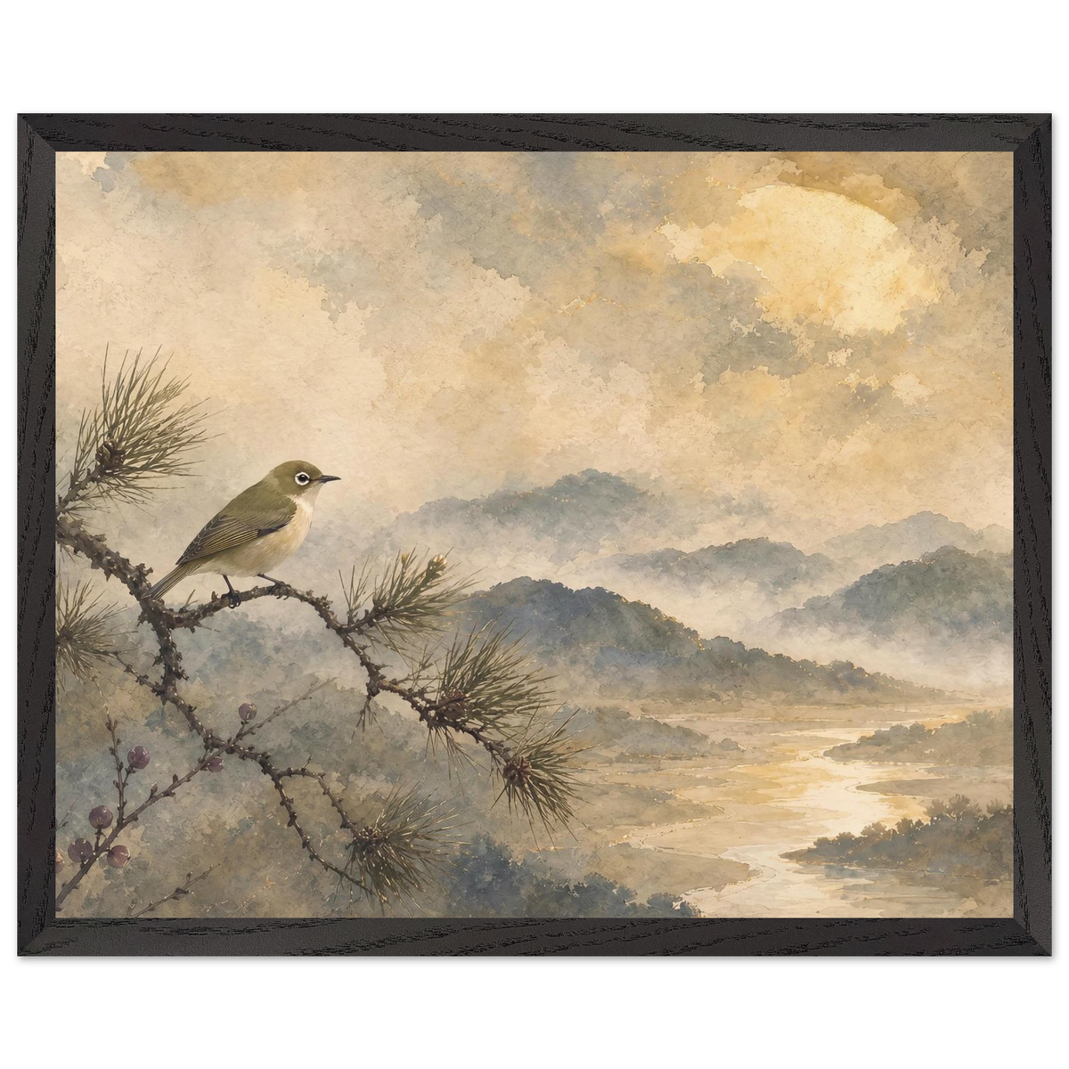 Golden Moon Bird: japanese art and japandi. Framed fine art print by The Light Stays.