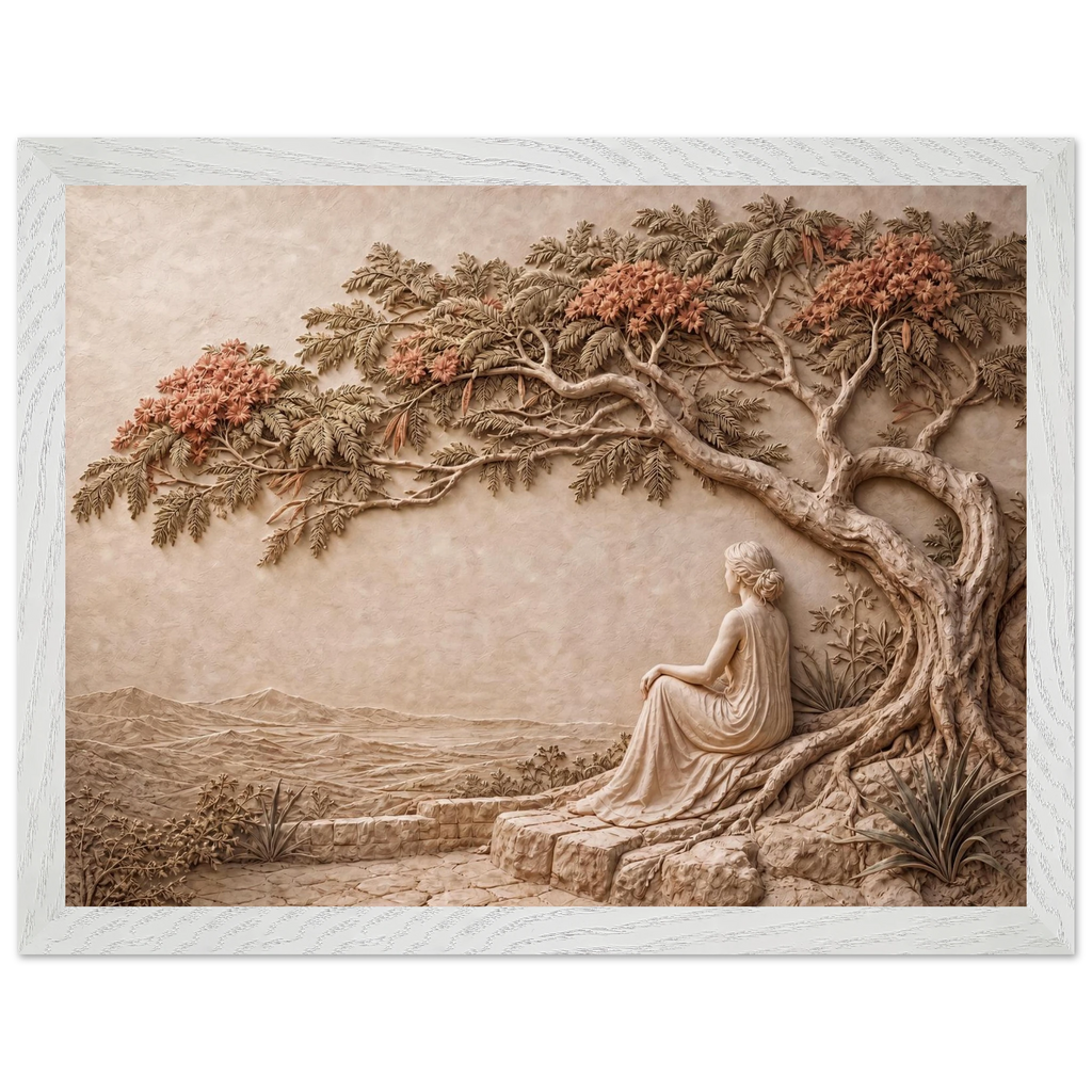 Under the Blossoms: impasto, figure and blossoming canopy. Framed fine art print by The Light Stays.